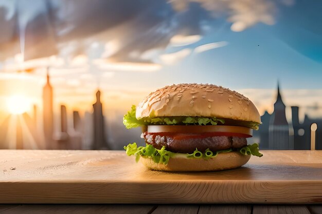 Photo hamburger sur un tableau avec une ville en arrière-plan