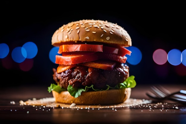 un hamburger avec un tas de légumes dessus