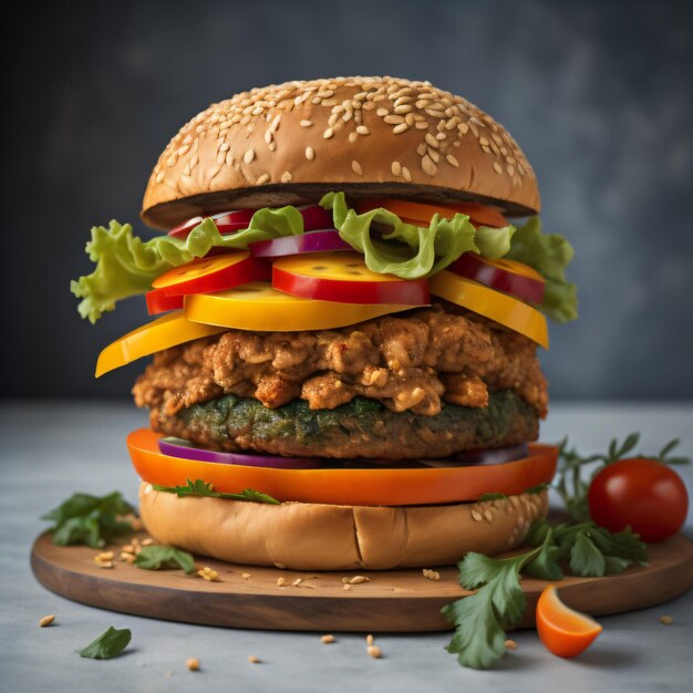 Un hamburger avec un tas de légumes sur une planche en bois