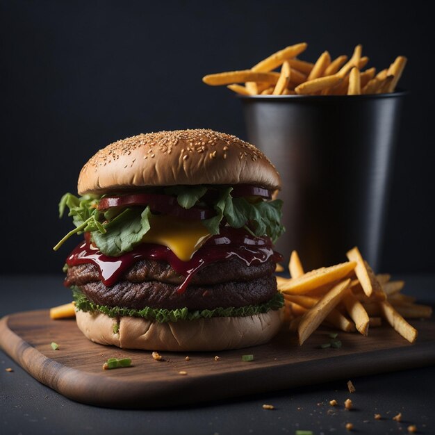 Un hamburger avec une tasse de frites sur le côté