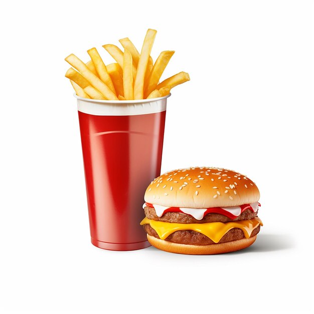 un hamburger et une tasse de ketchup avec un hamburger et des frites.