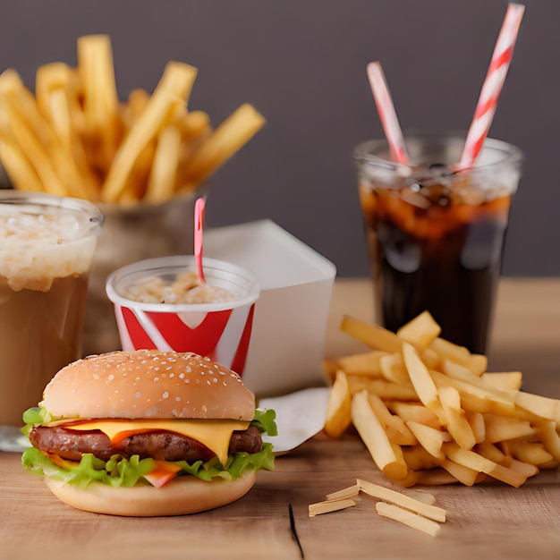 un hamburger et une tasse de soda assis sur une table