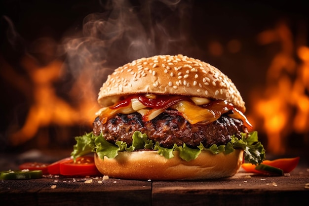 Hamburger avec tomate au fromage escalope de boeuf et laitue sur fond noir