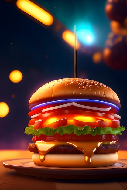 Un hamburger avec une tomate dessus et une ficelle de laitue dessus