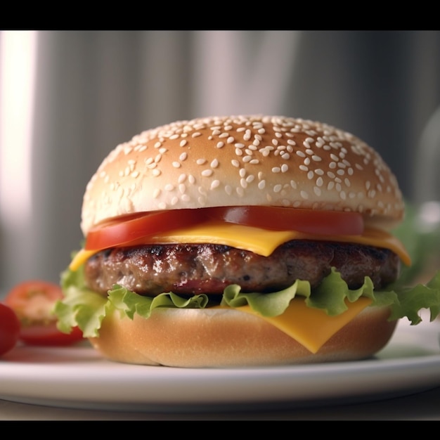 Un hamburger avec une tomate dessus et un petit pain avec le mot fromage dessus.