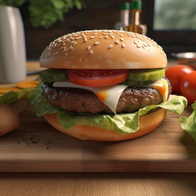 Un hamburger avec une tomate est posé sur une planche à découper.