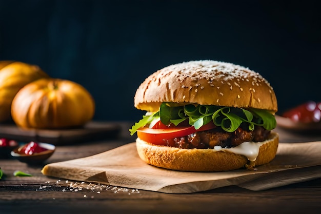 un hamburger avec une tomate et de la laitue dessus