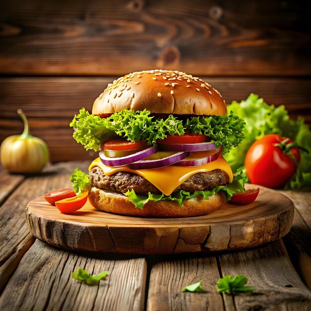 un hamburger avec une tomate et un oignon sur une table en bois