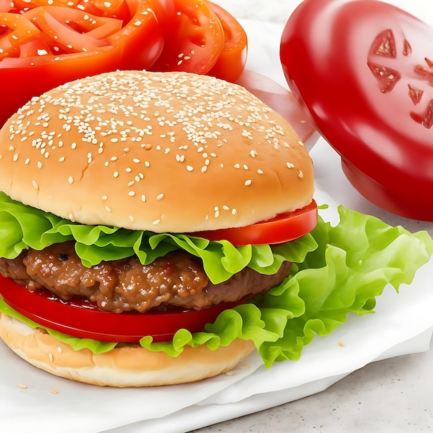 Un hamburger et des tomates sur une assiette générative ai