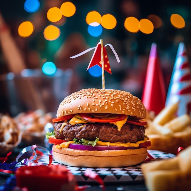 un hamburger avec un triangle dessus est assis sur une table avec un drapeau et un drapeaux.