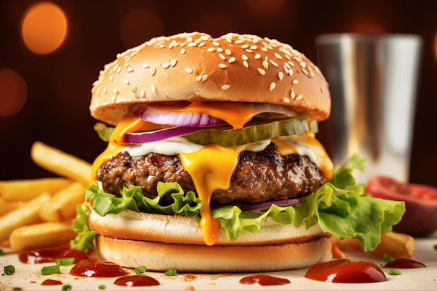 Un hamburger avec un verre de bière et une boisson sur une planche de bois.