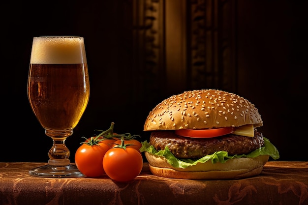 Photo un hamburger et un verre de bière sont à côté.