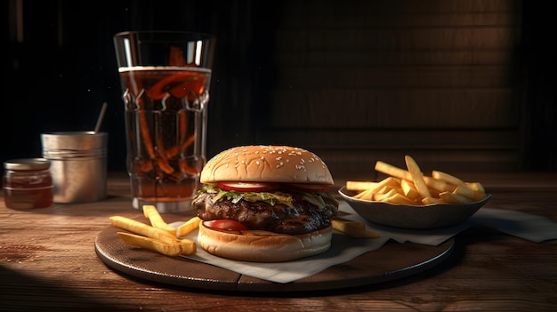 Un hamburger et un verre de bière sont posés sur une table.