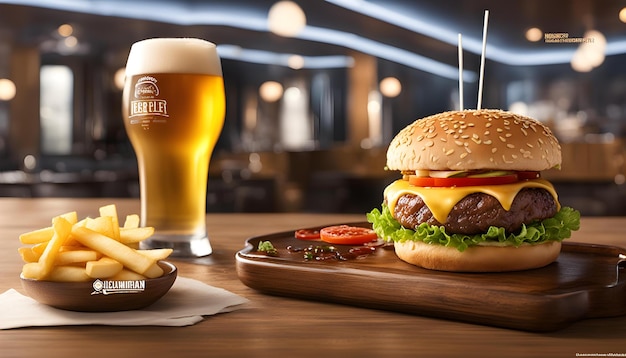 un hamburger et un verre de bière sont sur une table