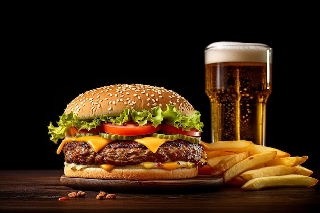 Un hamburger et un verre de bière sur une table