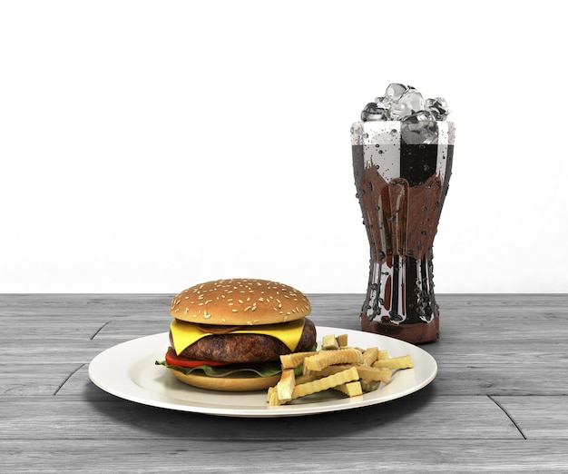 Hamburger et un verre de cola avec de la glace sur une table en bois Espace libre pour le texte rendu 3d sur blanc