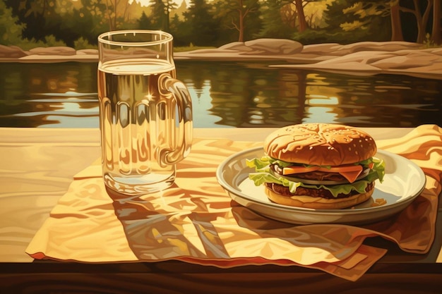 Un hamburger avec un verre d'eau sur le côté