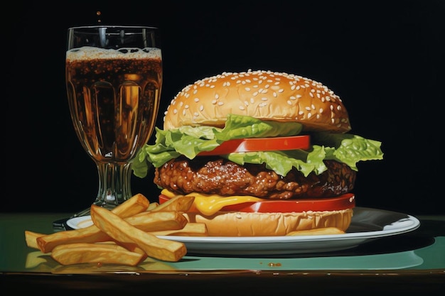 Un hamburger avec un verre d'eau sur le côté