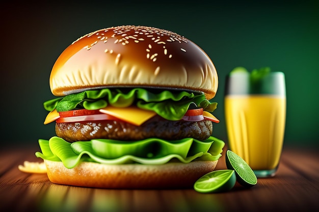 Un hamburger avec un verre de ketchup à côté