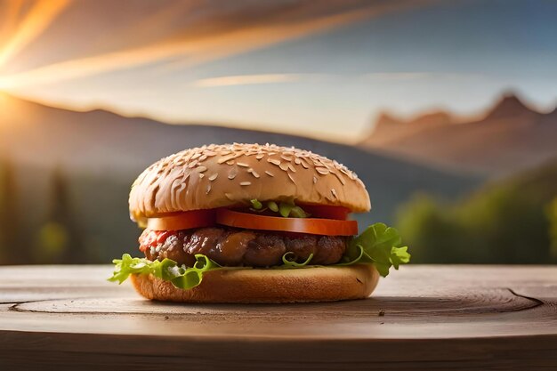 Un hamburger avec vue sur une montagne en arrière-plan.