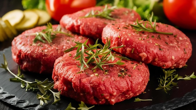 Des hamburgers au bœuf cru avec des herbes et des épices sur une assiette d'ardoise foncée