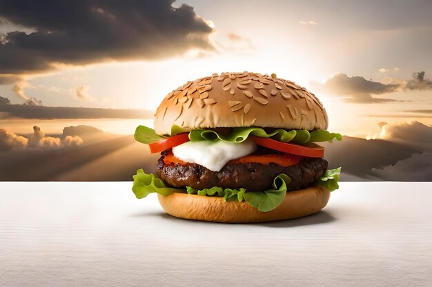 Des hamburgers au bœuf et des frites sur une table en bois.