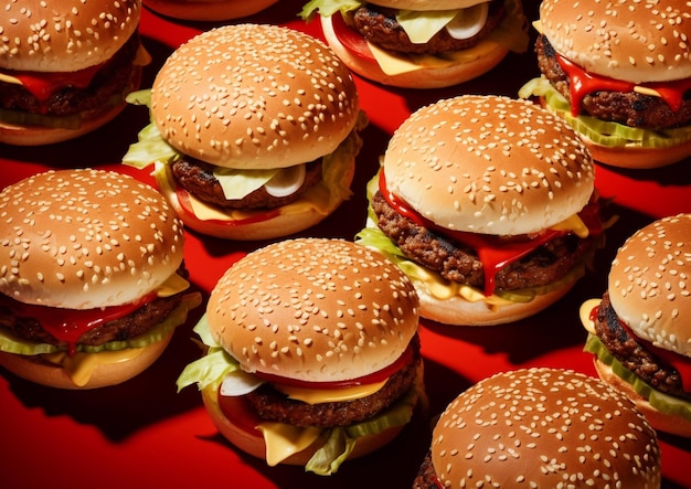 Des hamburgers au bœuf savoureux, des cheeseburgers avec des légumes et de la sauce sur fond rouge.