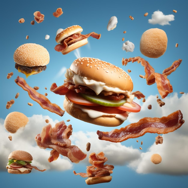 Photo des hamburgers et du bacon volant dans les airs avec des nuages génératifs