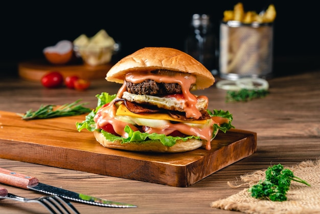 Hamburgers faits maison grillés frais avec du fromage d'oeuf au plat de tomate de boeuf et de la laitue sur le fond en bois