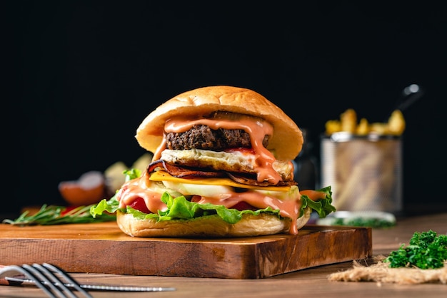 Hamburgers faits maison grillés frais avec du fromage d'oeuf au plat de tomate de boeuf et de la laitue sur le fond en bois