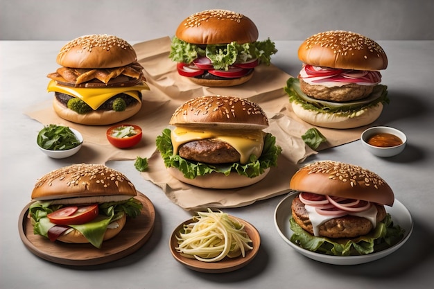 Hamburgers avec frites sur une table en bois en gros plan