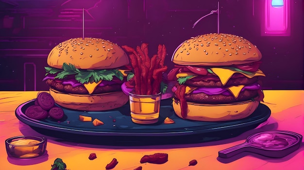 Photo hamburgers et frites sur la table illustration vectorielle