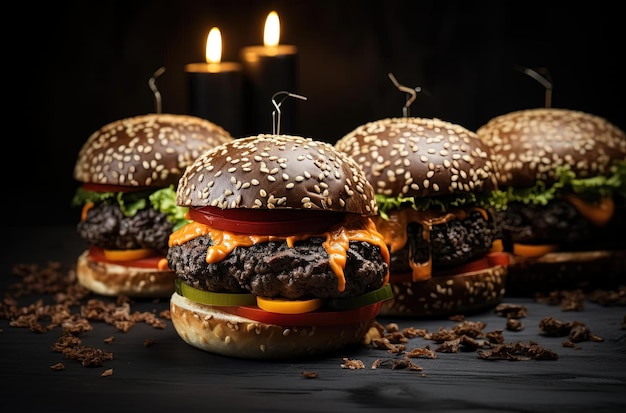 des hamburgers d'Halloween assis sur une table sombre dans le style gris et beige