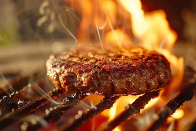 Des hamburgers juteux cuits sur un barbecue en flammes