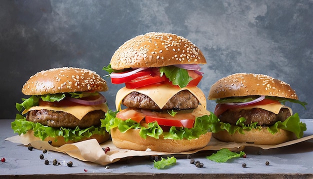 des hamburgers avec des légumes et du fromage sur un fond sombre