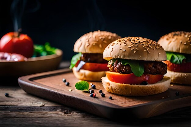 des hamburgers sur une planche à couper avec une feuille de tomate et de laitue.