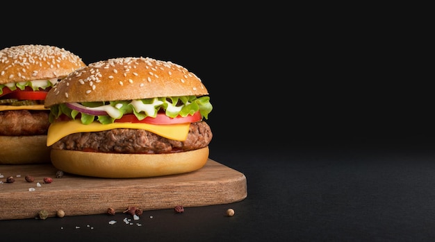 hamburgers sur planche de cuisine et fond noir