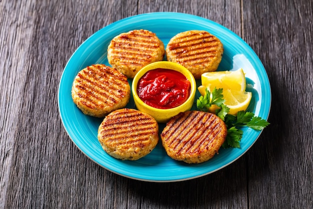 Hamburgers de poisson grillé sur une plaque bleue