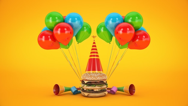 Hamburgers avec rendu 3d de chapeau de fête