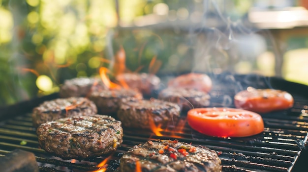 Des hamburgers et des tomates grillées au barbecue.