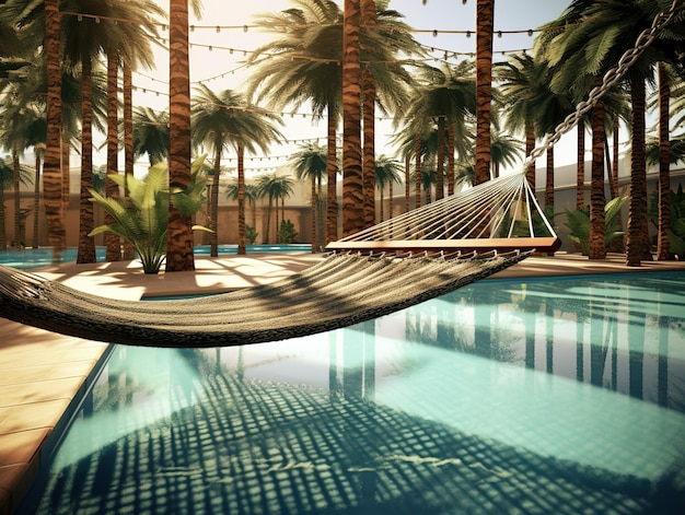 Hammack avec piscine et palmiers