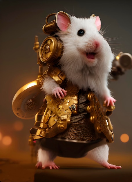 hamster en armure de magicien steampunk, composition épique