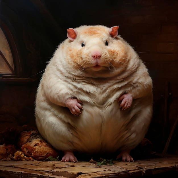 Photo un hamster blanc très gras se tient sur ses pattes arrière sur un portrait de fond noir en gros plan