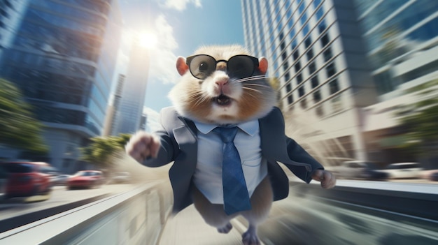 Un hamster en costume et cravate qui court dans la rue.