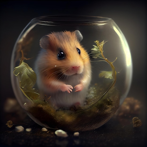Hamster dans un bol en verre avec une fleur sur fond sombre