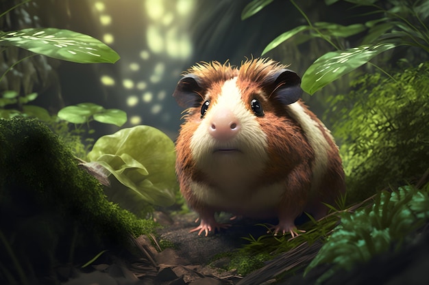 Un hamster dans une forêt avec des plantes vertes et une lumière au fond