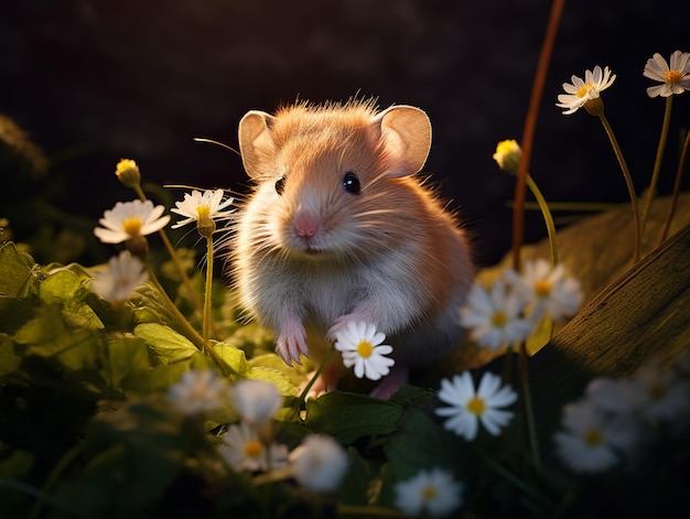 un hamster dans un parterre de fleurs avec des marguerites en arrière-plan