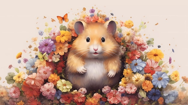 Un hamster dans un parterre de fleurs avec des papillons