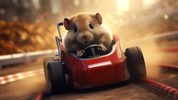 Photo un hamster dans une petite voiture de course en arrière-plan