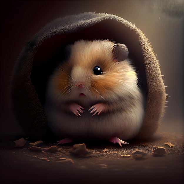 Hamster dans un sac sur un fond sombre rendu 3D